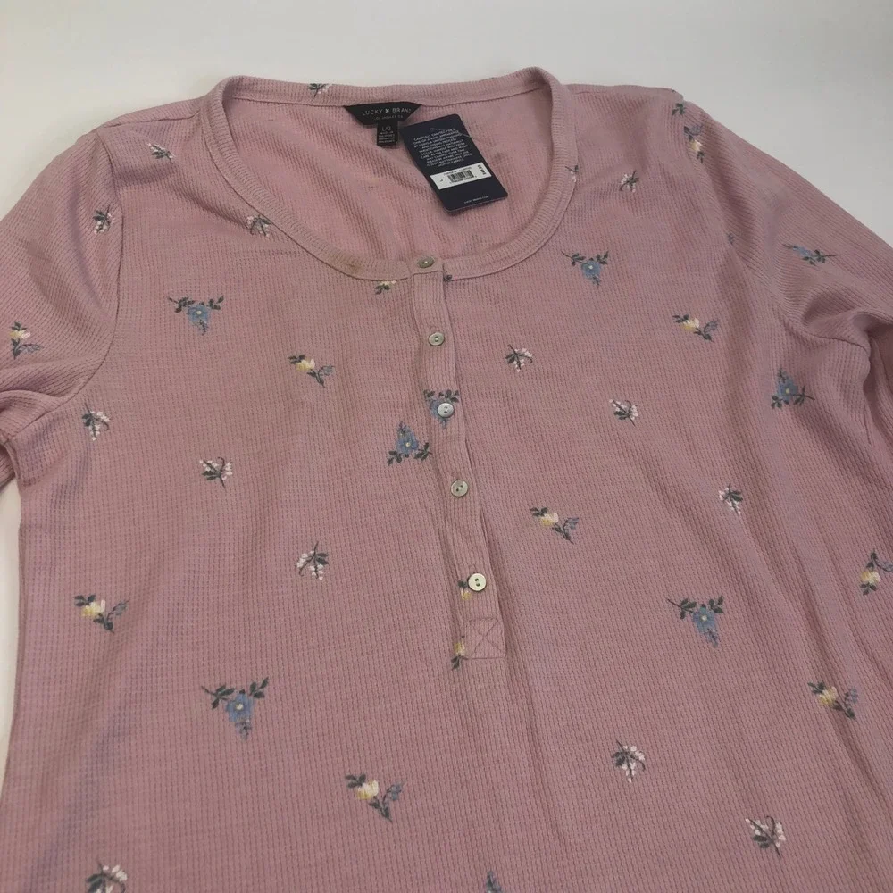Lucky Brand Floral Waffle Knit Henley‎ Top Long Sleeve Casual Pink L - Picture 7 of 10